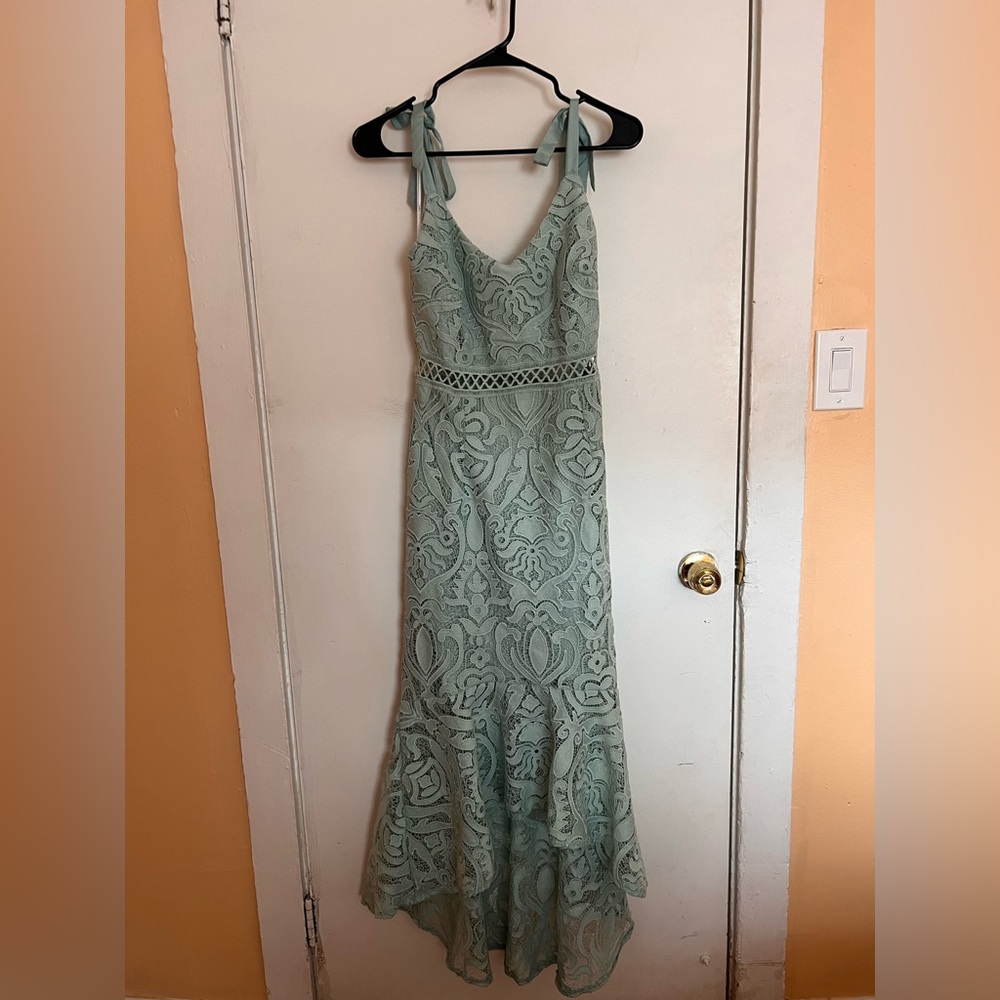 Won Your Heart Sage Green Lace Tie-Strap High-Low Midi Dress